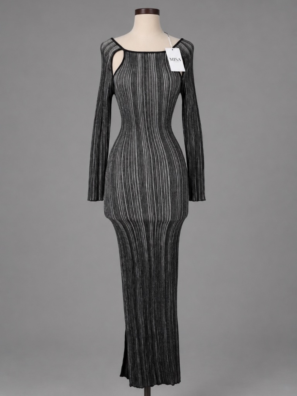 MISA Los Angeles Black Silver Metallic Cutout Maxi Dress NWT XS